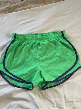 Nike Women's Lime Green Running Shorts with Purple Trim